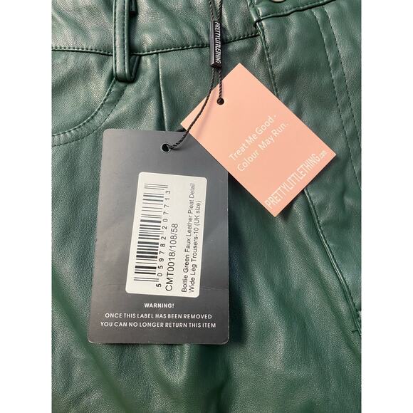 Pretty Little Thing NWT Bottle Green Faux Leather Wide Leg Pants Size 6 - Picture 3 of 8